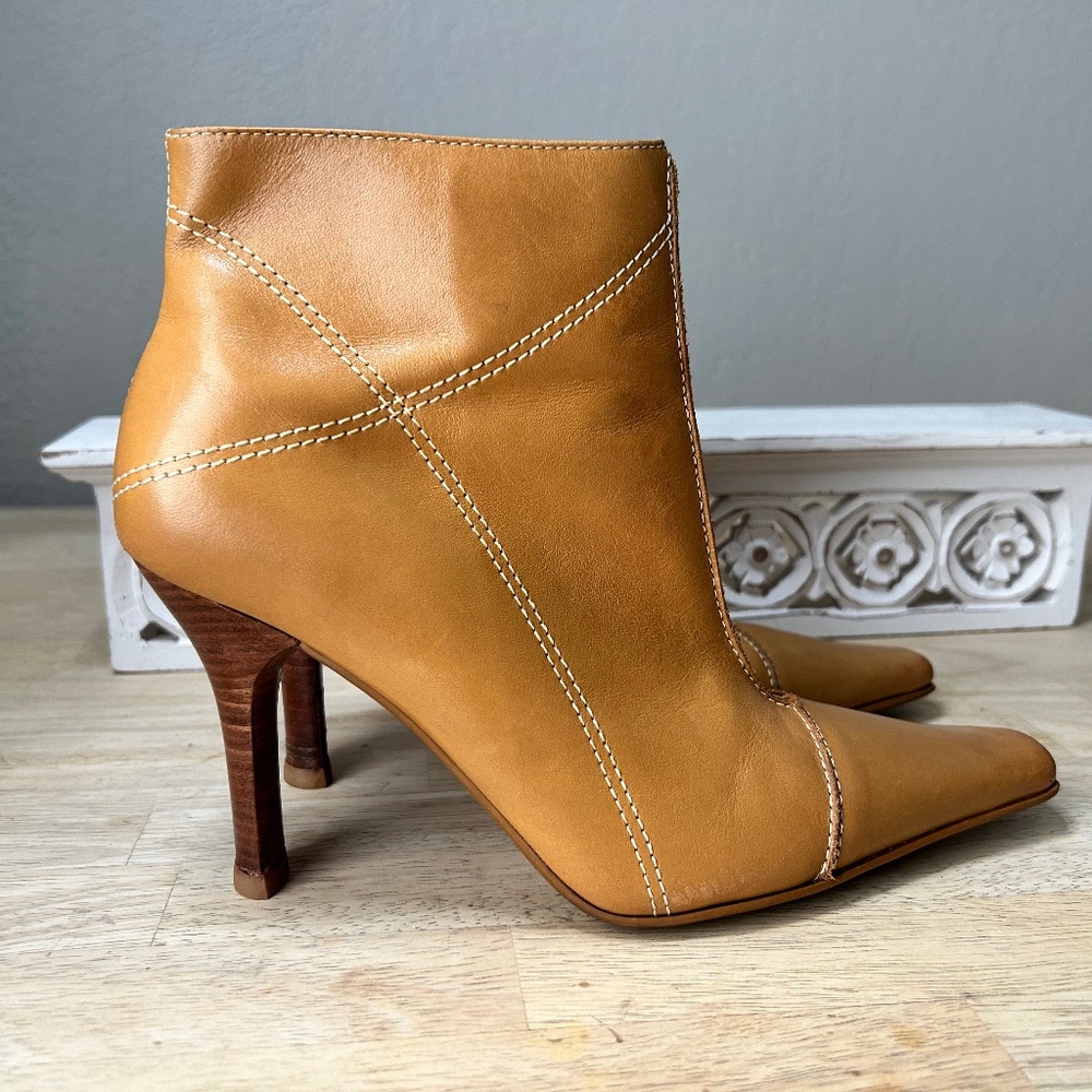 Leather Ankle  Boots, Tan, square toed, 3” stiletto heel